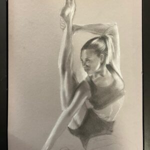 Pencil and white chalk drawing on grey toned paper by SOME (2023), depicting a ballerina in motion. A3 format. Study of balance, discipline, and inner grace.