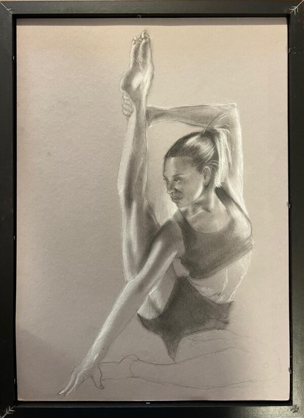 Pencil and white chalk drawing on grey toned paper by SOME (2023), depicting a ballerina in motion. A3 format. Study of balance, discipline, and inner grace.