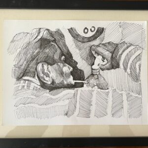 Ink pen drawing on paper by SOME, titled “Crackhead” (2021), depicting two figures in a dark, introspective composition. Contemporary sketch exploring addiction and human fragility.