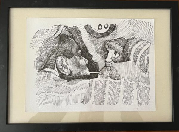 Ink pen drawing on paper by SOME, titled “Crackhead” (2021), depicting two figures in a dark, introspective composition. Contemporary sketch exploring addiction and human fragility.