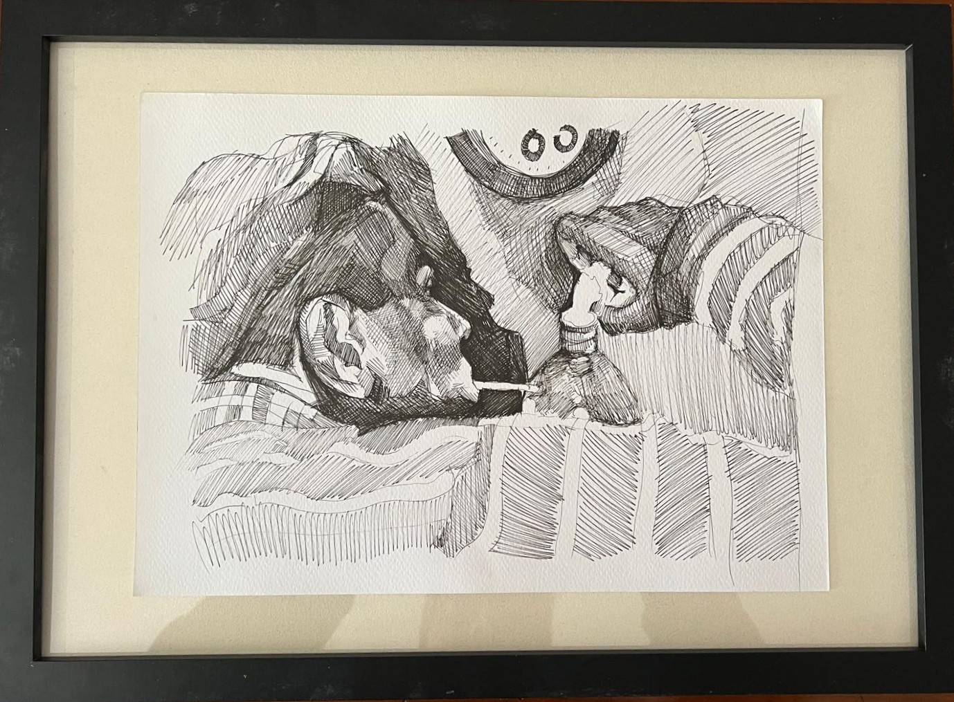 Ink pen drawing on paper by SOME, titled “Crackhead” (2021), depicting two figures in a dark, introspective composition. Contemporary sketch exploring addiction and human fragility.