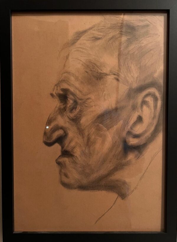 Pencil drawing on toned paper by SOME, titled “Mentre il tempo passa” (2020). A3 portrait study exploring aging, time, and human fragility through delicate tonal shading.