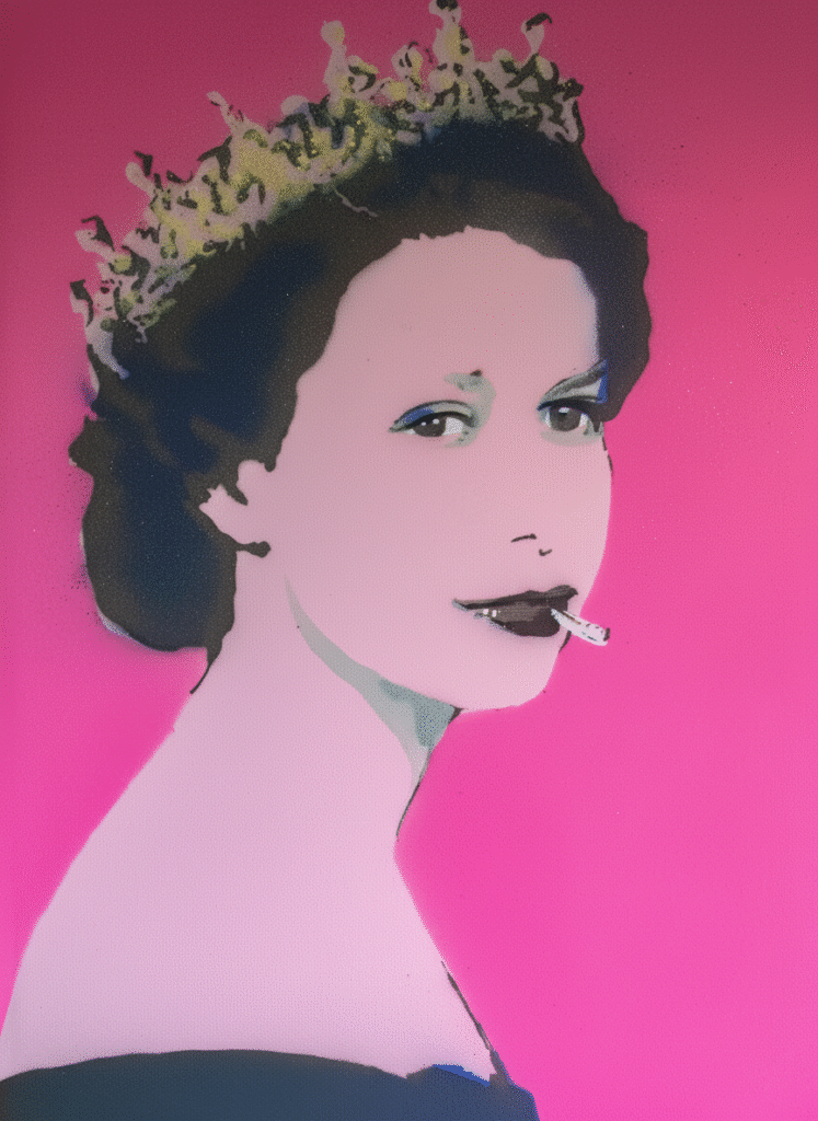 QUEER (2022) by SOME® — Pop Art portrait of a royal figure with irony and rebellion, stencil and spray paint on canvas