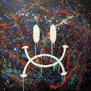 Abstract pop painting from SOME®’s A Sick Smile® series, featuring a white dripping smile symbol over a vibrant splattered background of red, blue, and green.