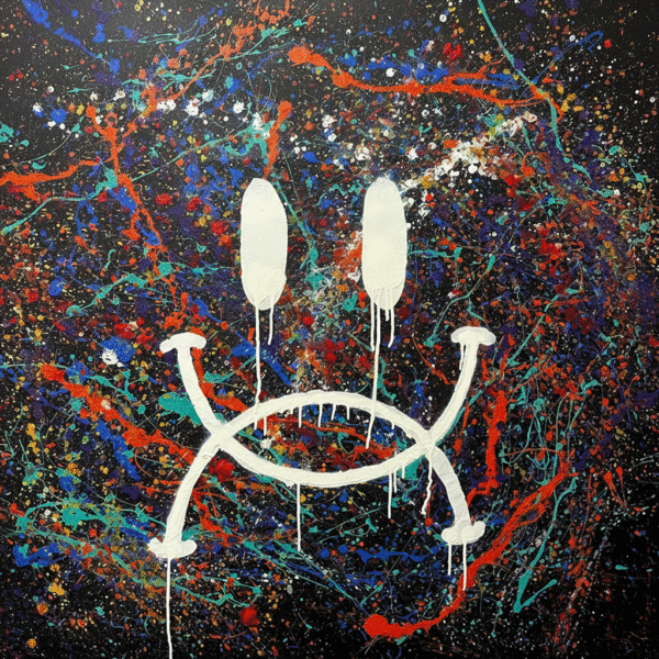 Abstract pop painting from SOME®’s A Sick Smile® series, featuring a white dripping smile symbol over a vibrant splattered background of red, blue, and green.