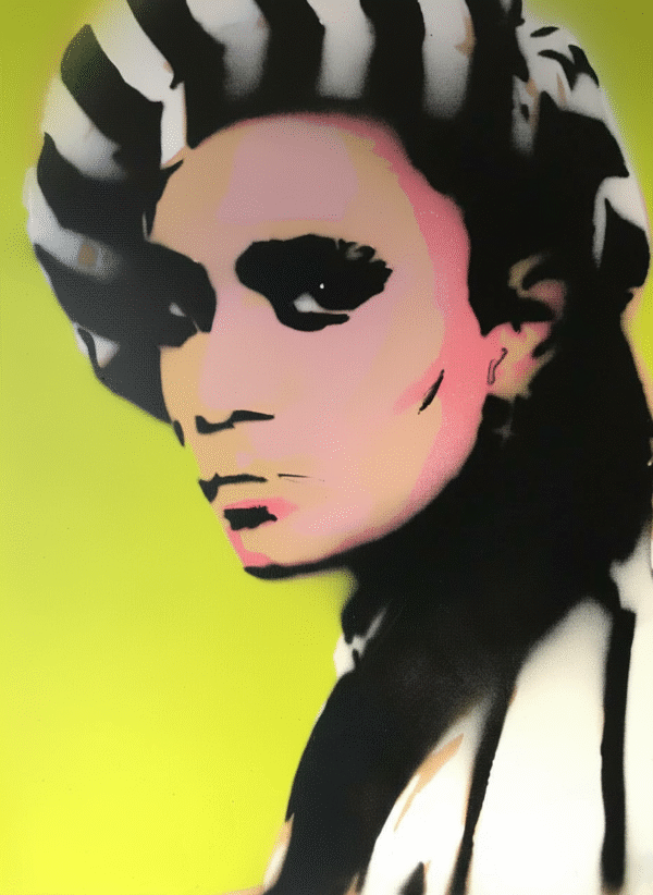 Pop-style stencil portrait of Loredana Bertè on a bright yellow background by SOME®, created with spray paint.