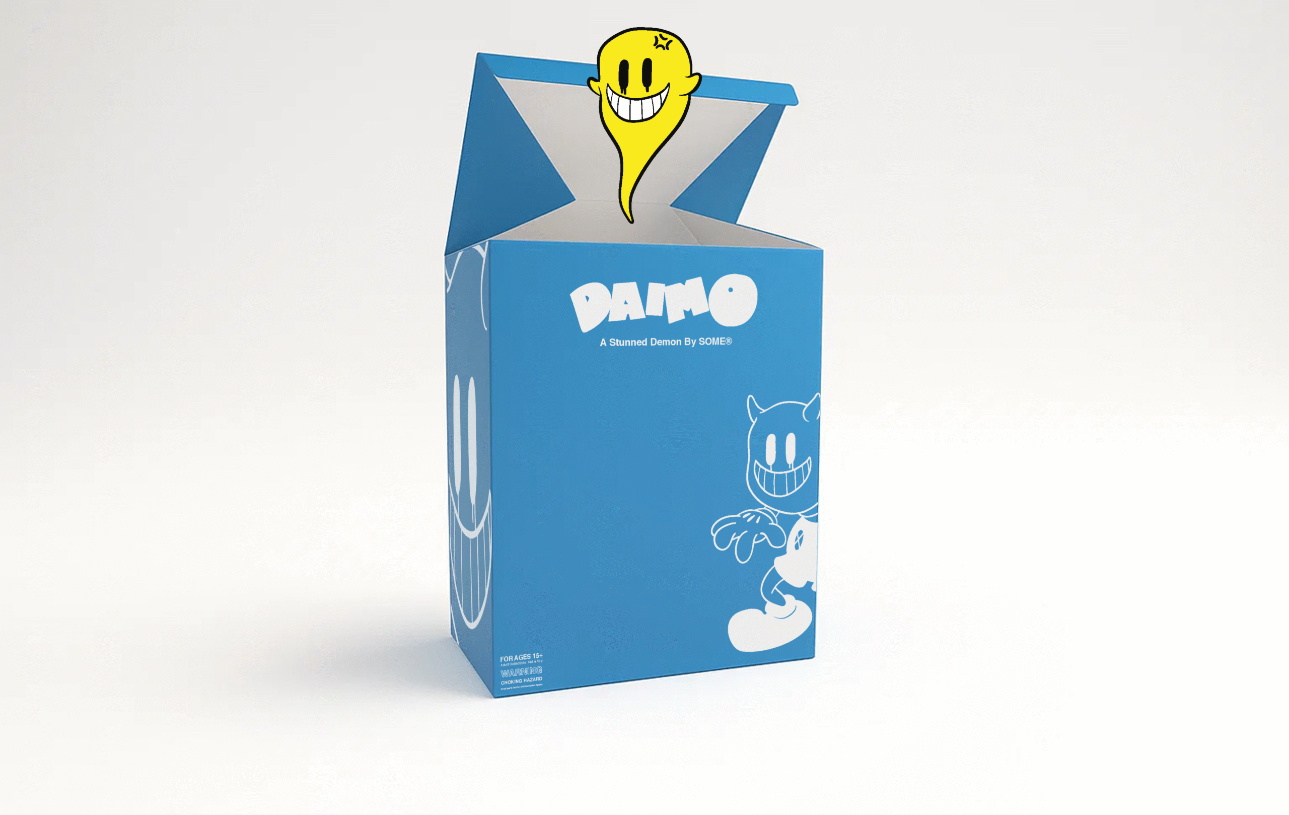 DAIMO® toy box mockup — collectible art figure packaging by SOME®