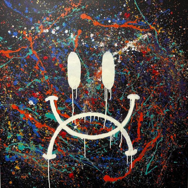 Abstract painting with a white dripping smiley face on a colorful splattered background by SOME®.