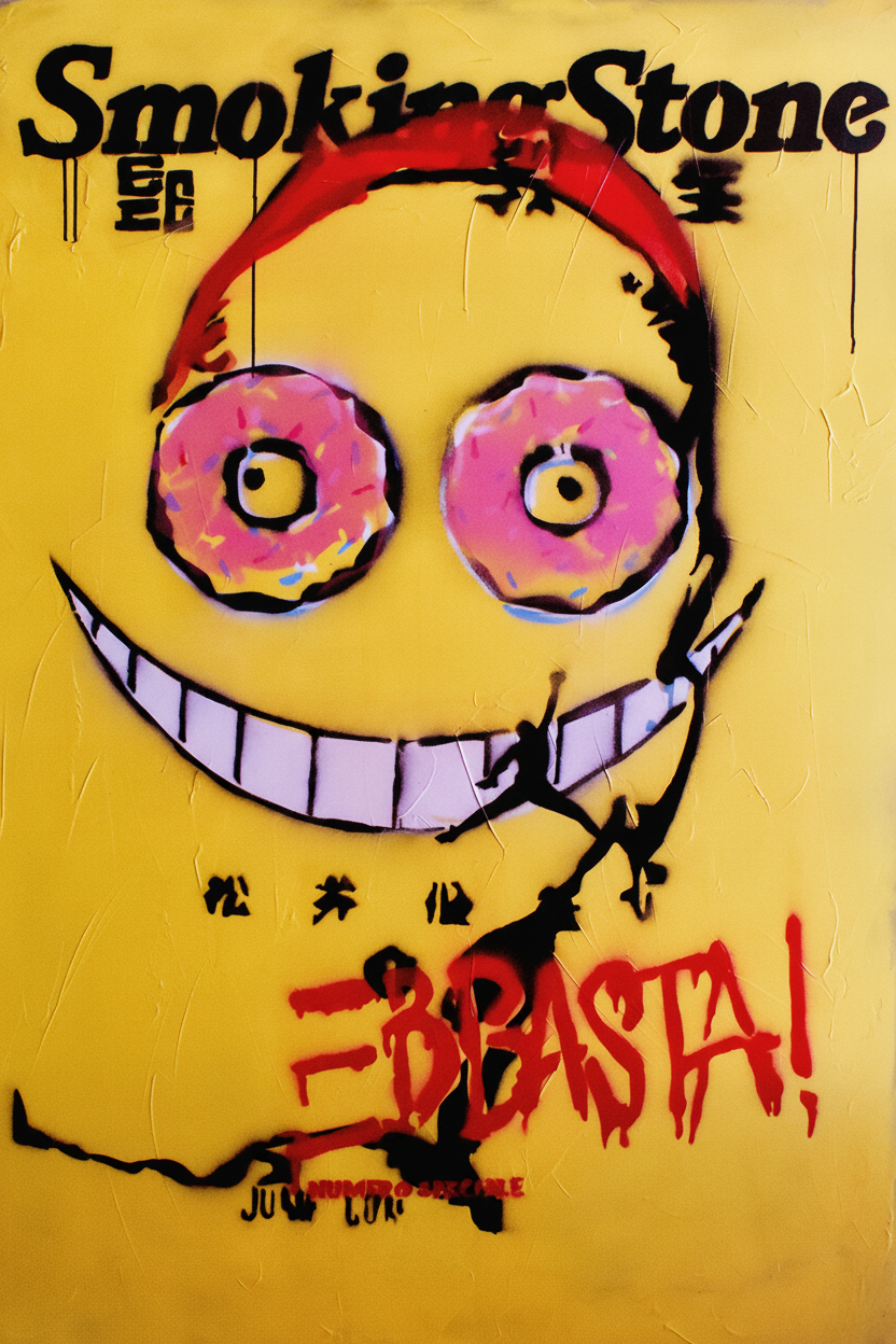 Painting “Smoking Stone” (2021) by SOME®. A large-scale stencil and spray artwork depicting a stone smiley face with donut eyes, merging pop culture irony with symbolic decay and addiction.