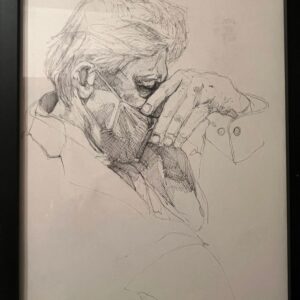 Ritratto a penna raffigurante Vittorio Sgarbi con la mano sul volto, eseguito da SOME® nel 2023. Studio introspettivo a inchiostro su carta.