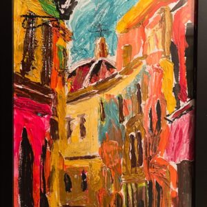 Dipinto acrilico su carta 300 gsm raffigurante un vicolo colorato di Sassari con vista sul Duomo. Opera originale di SOME®, caratterizzata da pennellate materiche e colori vivaci.