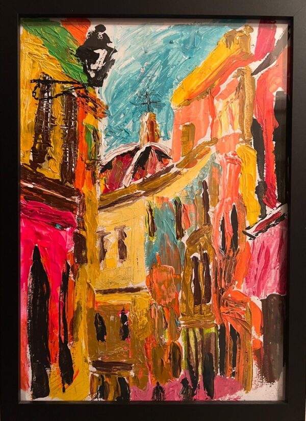 Dipinto acrilico su carta 300 gsm raffigurante un vicolo colorato di Sassari con vista sul Duomo. Opera originale di SOME®, caratterizzata da pennellate materiche e colori vivaci.