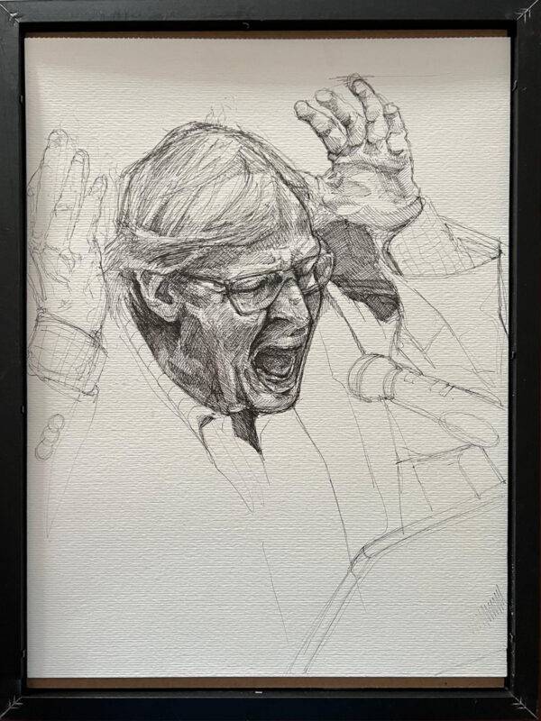 Ritratto a penna raffigurante Vittorio Sgarbi mentre urla al microfono, realizzato da SOME® nel 2023. Disegno a inchiostro su carta che cattura energia e tensione espressiva.