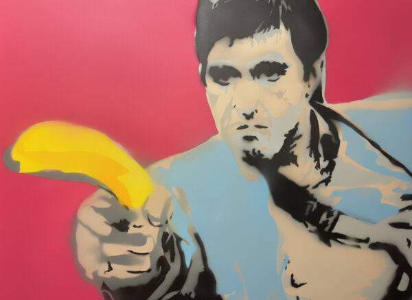 Pop art painting “TONY BANANA (2025)” by SOME®, depicting Tony Montana humorously holding a banana instead of a gun. Stencil and spray paint on canvas, 120×100 cm.