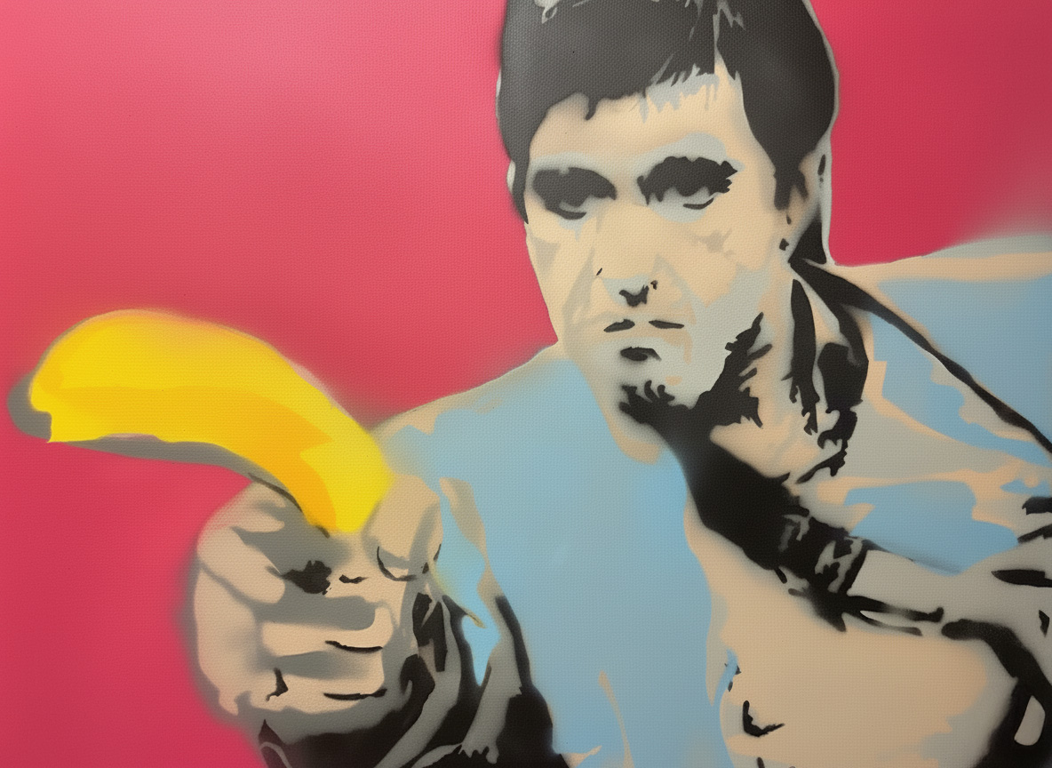 Pop art painting “TONY BANANA (2025)” by SOME®, depicting Tony Montana humorously holding a banana instead of a gun. Stencil and spray paint on canvas, 120×100 cm.