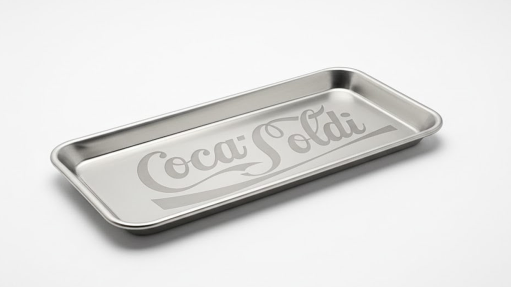 Surgical-grade 316L stainless steel tray with industrial laser-etched COCA SOLDI logo, conceptual art asset by SOME®.