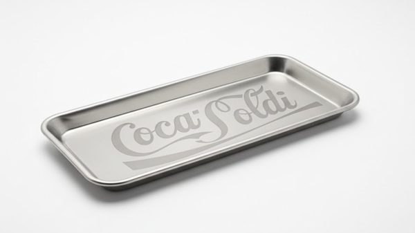 Surgical-grade 316L stainless steel tray with industrial laser-etched COCA SOLDI logo, conceptual art asset by SOME®.
