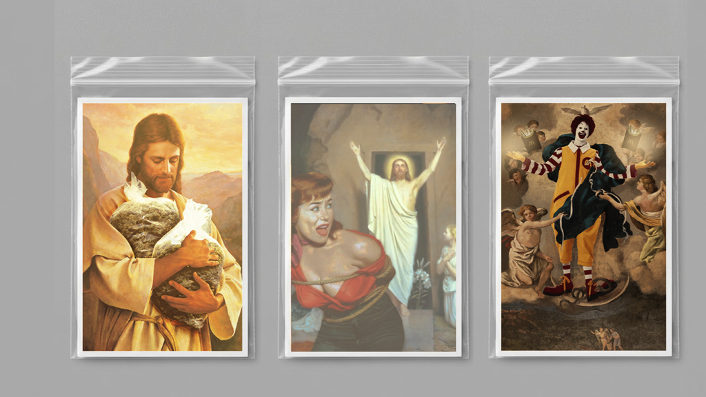 Tre unità sigillate in plastica industriale. Iconografia religiosa e corporate (Gesù, Ronald McDonald) confezionata come sostanza illecita. Reperti SOME® Evidence Series.