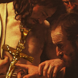 Christo Capital - Stampa d'arte A6 sovversiva. Gesù con catena d'oro simbolo di liquidità e potere finanziario.