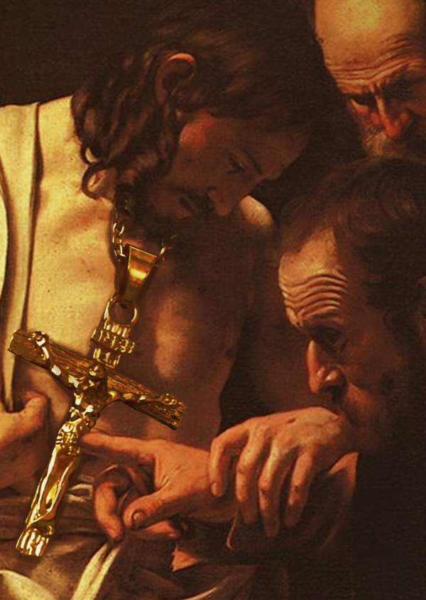 Christo Capital - Stampa d'arte A6 sovversiva. Gesù con catena d'oro simbolo di liquidità e potere finanziario.