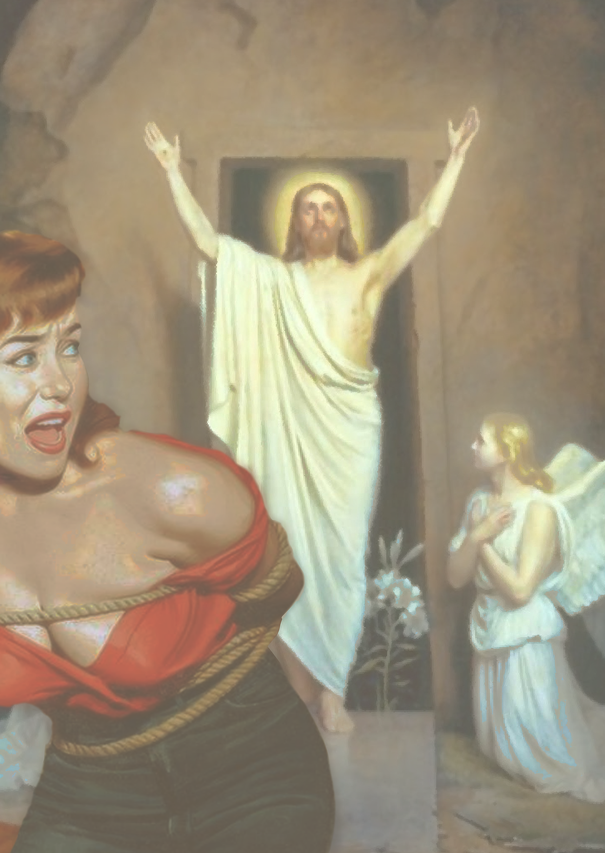 Hostile Redemption - Subversive Pop Art Print. Cristo Risorto e donna legata, metafora di asset pignorato.