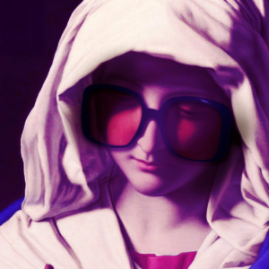 The Hedged Virgin - Stampa artistica A6 Madonna con occhiali da sole. Icona sacra contemporanea e privacy asset.