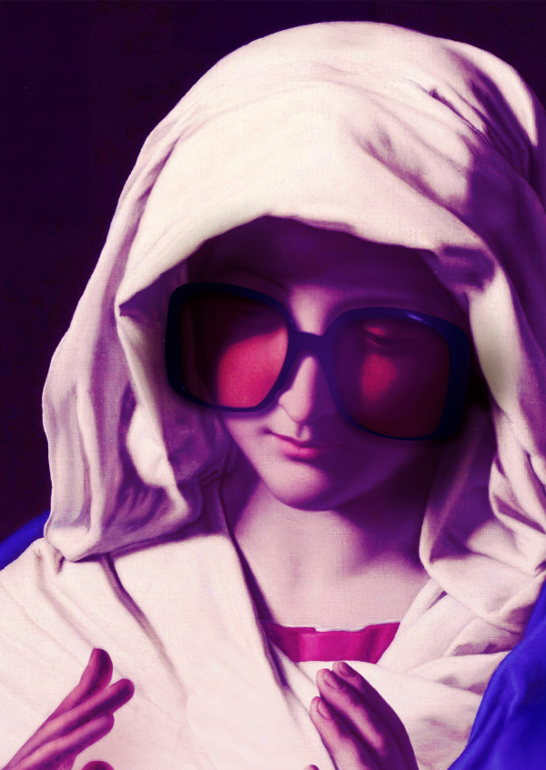 The Hedged Virgin - Stampa artistica A6 Madonna con occhiali da sole. Icona sacra contemporanea e privacy asset.
